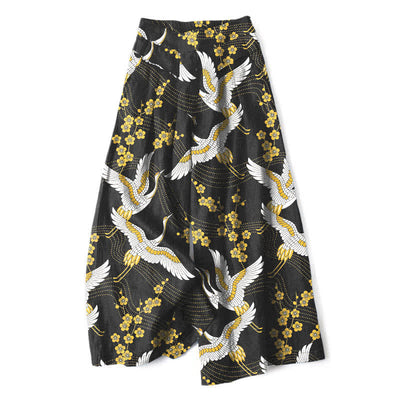 Buddha Stones Cotton Linen Crane Blossom Pattern Women's Elastic Waist Wide Leg Pants With Pockets - Black - US16，UK/AU20，EU48 (3XL) - image 0