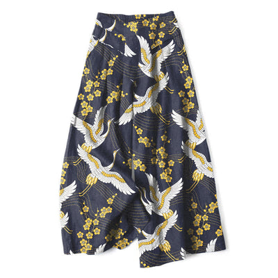 Buddha Stones Cotton Linen Crane Blossom Pattern Women's Elastic Waist Wide Leg Pants With Pockets - Navy - US16，UK/AU20，EU48 (3XL) - image 5