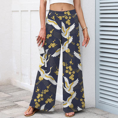 Buddha Stones Cotton Linen Crane Blossom Pattern Women's Elastic Waist Wide Leg Pants With Pockets - image 6