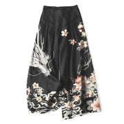 Foviel Baumwolle Leinen Orientalisch Drache Muster Damen elastische Taille weites Bein Hose mit Taschen