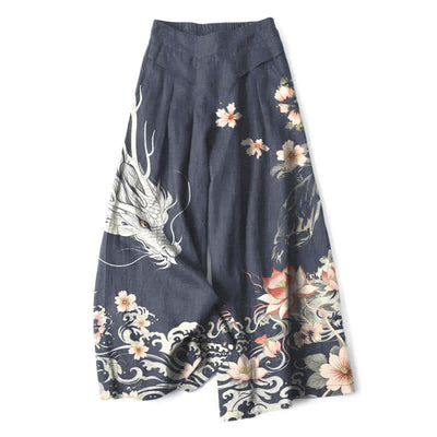 Buddha Stones Cotton Linen Oriental Dragon Pattern Women's Elastic Waist Wide Leg Pants With Pockets - Navy - US16，UK/AU20，EU48 (3XL) - image 5