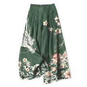 Foviel Cotton Linen Oriental Dragon Pattern Women's Elastic Waist Wide Leg Pants With Pockets