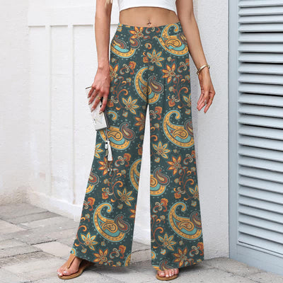 Buddha Stones Cotton Linen Bohemian Paisley Floral Pattern Women's Elastic Waist Wide Leg Pants With Pockets - image 8