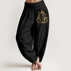 Buddha Stones Pure Cotton Golden Ganesha Pattern Women's Elastic Waist Harem Pants - Black - US16，UK/AU20，EU48 (3XL) - image 0