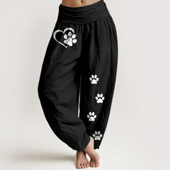 Buddha Stones Pure Cotton Heart Paw Print Pattern Women's Elastic Waist Harem Pants - Black - US16，UK/AU20，EU48 (3XL) - image 0