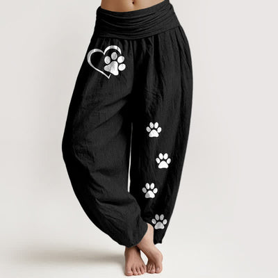 Buddha Stones Pure Cotton Heart Paw Print Pattern Women's Elastic Waist Harem Pants - Black - US16，UK/AU20，EU48 (3XL) - image 0