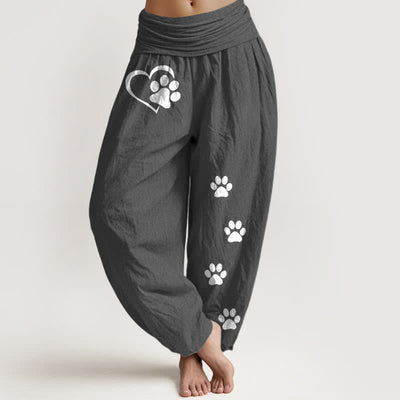 Buddha Stones Pure Cotton Heart Paw Print Pattern Women's Elastic Waist Harem Pants - DimGray - US16，UK/AU20，EU48 (3XL) - image 8