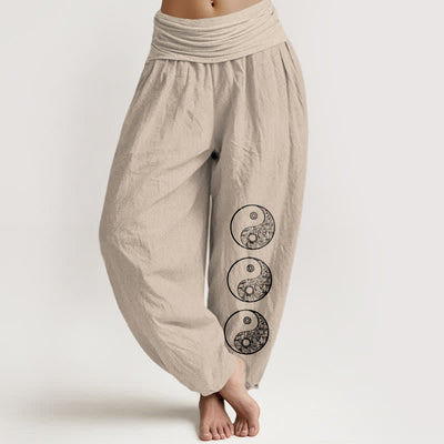Buddha Stones Pure Cotton Yin Yang Pattern Women's Elastic Waist Harem Pants - Tan - US16，UK/AU20，EU48 (3XL) - image 14