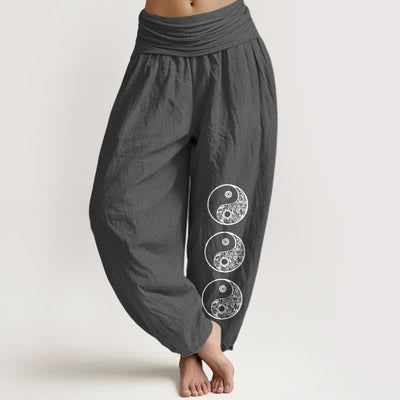 Buddha Stones Pure Cotton Yin Yang Pattern Women's Elastic Waist Harem Pants - DimGray - US16，UK/AU20，EU48 (3XL) - image 0
