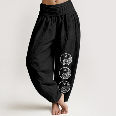 Buddha Stones Pure Cotton Yin Yang Pattern Women's Elastic Waist Harem Pants - Black - US16，UK/AU20，EU48 (3XL) - image 5