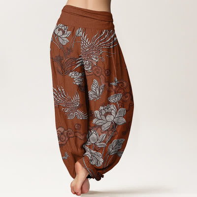 Buddha Stones Cotton Lotus Bird Pattern Women's Elastic Waist Harem Pants - image 9