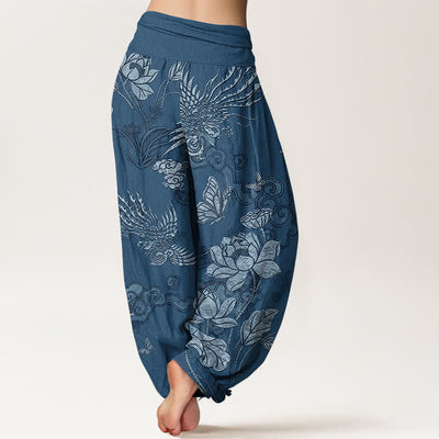 Buddha Stones Cotton Lotus Bird Pattern Women's Elastic Waist Harem Pants - image 6