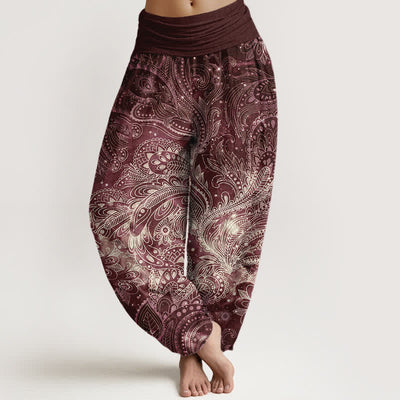 Buddha Stones Pure Cotton Elegant Paisley Pattern Women's Elastic Waist Harem Pants - Maroon - US16，UK/AU20，EU48 (3XL) - image 8