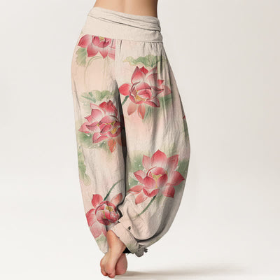 Buddha Stones Cotton Lotus Bloom Pattern Women's Elastic Waist Harem Pants - image 1