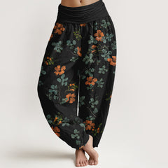 Buddha Stones Cotton Orange Floral Leaf Pattern Women's Elastic Waist Harem Pants - Black - US16，UK/AU20，EU48 (3XL) - image 0