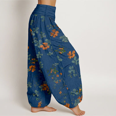 Buddha Stones Cotton Orange Floral Leaf Pattern Women's Elastic Waist Harem Pants - image 7
