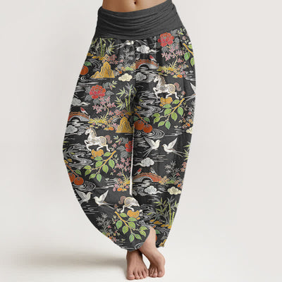 Buddha Stones Cotton Horse Bird Landscape Floral Pattern Women's Elastic Waist Harem Pants - DimGray - US16，UK/AU20，EU48 (3XL) - image 8
