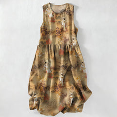 Buddha Stones Summer Casual Oriental Ladies Landscape Pattern Women's Summer Sleeveless Midi Dress With Pockets - Tan - US16，UK/AU20，EU48 (3XL) - image 0