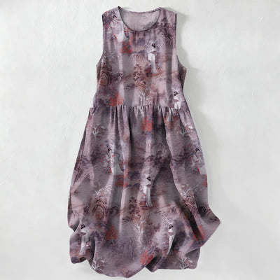 Buddha Stones Summer Casual Oriental Ladies Landscape Pattern Women's Summer Sleeveless Midi Dress With Pockets - Thistle - US16，UK/AU20，EU48 (3XL) - image 4
