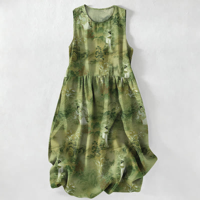 Buddha Stones Summer Casual Oriental Ladies Landscape Pattern Women's Summer Sleeveless Midi Dress With Pockets - OliveDrab - US16，UK/AU20，EU48 (3XL) - image 5