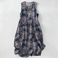 Buddha Stones Summer Casual Vintage Rose Flowers Pattern Women's Summer Sleeveless Midi Dress With Pockets - Navy - US16，UK/AU20，EU48 (3XL) - image 0