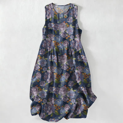 Buddha Stones Summer Casual Vintage Rose Flowers Pattern Women's Summer Sleeveless Midi Dress With Pockets - Navy - US16，UK/AU20，EU48 (3XL) - image 0