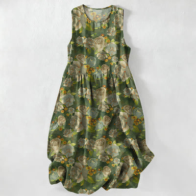 Buddha Stones Summer Casual Vintage Rose Flowers Pattern Women's Summer Sleeveless Midi Dress With Pockets - Olive - US16，UK/AU20，EU48 (3XL) - image 4