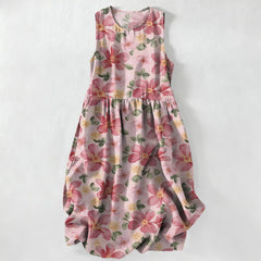 Buddha Stones Summer Casual Large Petals Leaves Pattern Women's Summer Sleeveless Midi Dress With Pockets - LightPink - US16，UK/AU20，EU48 (3XL) - image 0