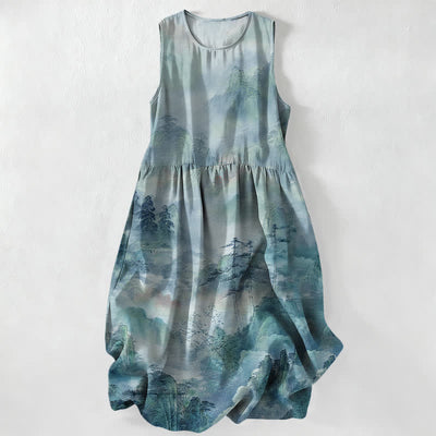Buddha Stones Summer Casual Ink Landscape Pattern Women's Summer Sleeveless Midi Dress With Pockets - Turquoise - US16，UK/AU20，EU48 (3XL) - image 5