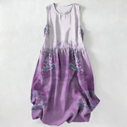 Foviel Sommer Casual Gradient Floral Blätter Muster Damen Sommer Ärmellos Midi-Kleid mit Taschen