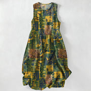 Foviel Summer Casual Abstract Patchwork Geometric Pattern Women's Summer Sleeveless Midi Dress With Pockets