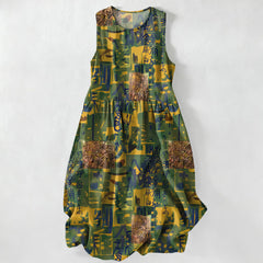 Buddha Stones Summer Casual Abstract Patchwork Geometric Pattern Women's Summer Sleeveless Midi Dress With Pockets - Olive - US16，UK/AU20，EU48 (3XL) - image 0