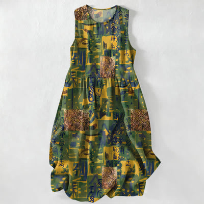 Buddha Stones Summer Casual Abstract Patchwork Geometric Pattern Women's Summer Sleeveless Midi Dress With Pockets - Olive - US16，UK/AU20，EU48 (3XL) - image 0