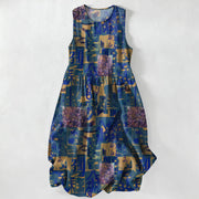 Foviel Summer Casual Abstract Patchwork Geometric Pattern Women's Summer Sleeveless Midi Dress With Pockets