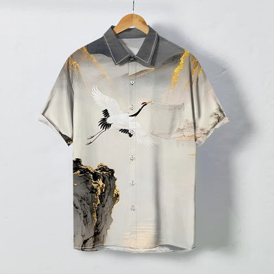 Buddha Stones Ink Crane Mountain Pattern Buttons Wrinkle-resistant Men's Short Sleeve Shirt - Gray - US/UK/AU48，EU58 (4XL) - image 0
