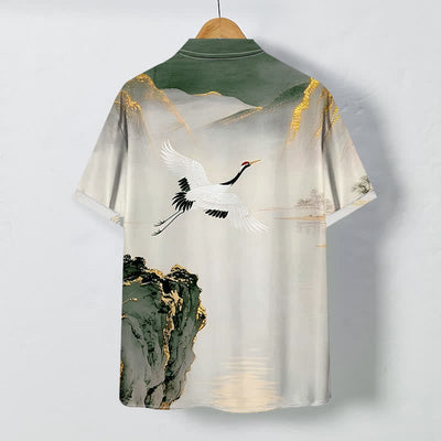 Buddha Stones Ink Crane Mountain Pattern Buttons Wrinkle-resistant Men's Short Sleeve Shirt - image 4