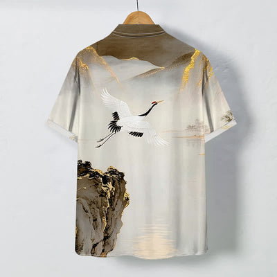 Buddha Stones Ink Crane Mountain Pattern Buttons Wrinkle-resistant Men's Short Sleeve Shirt - image 7
