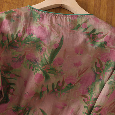 Buddha Stones Summer Tang Style Mandarin Collar Frog Button Floral Women's Three-Quarter Sleeve Shirts - image 3