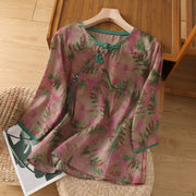 Foviel Sommer Tang-Stil Mandarin Kragen Frog Knopf Floral Damen Drei-Quartier Ärmel Hemden