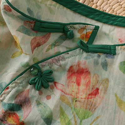 Buddha Stones Summer Tang Style Mandarin Collar Frog Button Floral Women's Three-Quarter Sleeve Shirts - image 20