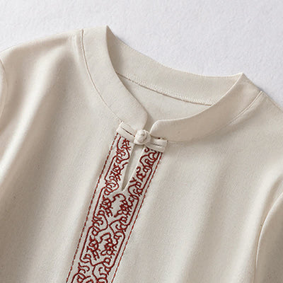 Buddha Stones Summer Tang Style Frog Button Embroidery Vines Solid Women's Short Sleeve Shirts - image 2