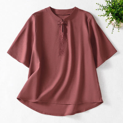 Buddha Stones Summer Tang Style Frog Button Embroidery Vines Solid Women's Short Sleeve Shirts - IndianRed - US8-10, UK/AU12-14, EU40-42 (2XL) - image 9