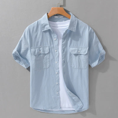 Buddha Stones Summer Casual Classic Button-Up Solid Cotton Men's Short Sleeve Shirts With Patch Pockets - LightBlue - US/UK/AU42, EU52 (3XL) - image 5