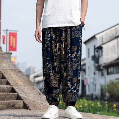 Buddha Stones Summer Boho Casual Drawstring Elephant Tree Print Cropped Pants Men's Harem Pants With Pockets - image 35