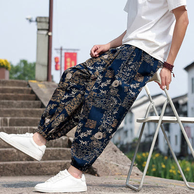 Buddha Stones Summer Boho Casual Drawstring Elephant Tree Print Cropped Pants Men's Harem Pants With Pockets - image 37