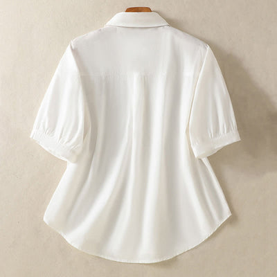 Buddha Stones Summer Casual Minimalist Button-Up Solid Women's Short Sleeve Shirts With Patch Pocket - image 7