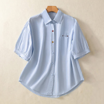 Buddha Stones Summer Casual Minimalist Button-Up Solid Women's Short Sleeve Shirts With Patch Pocket - LightBlue - US8-10, UK/AU12-14, EU40-42 (2XL) - image 0