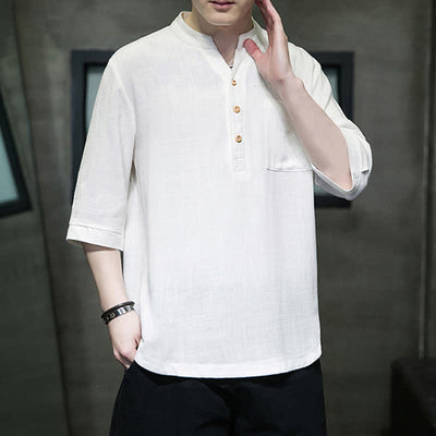 Buddha Stones Summer Casual Tang Style Mandarin Collar Solid Men's Short Sleeve Shirts With Patch Pocket - White - US/UK/AU46, EU56 (5XL) - image 0