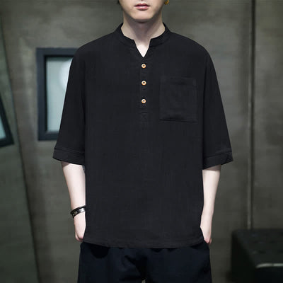 Buddha Stones Summer Casual Tang Style Mandarin Collar Solid Men's Short Sleeve Shirts With Patch Pocket - Black - US/UK/AU46, EU56 (5XL) - image 6
