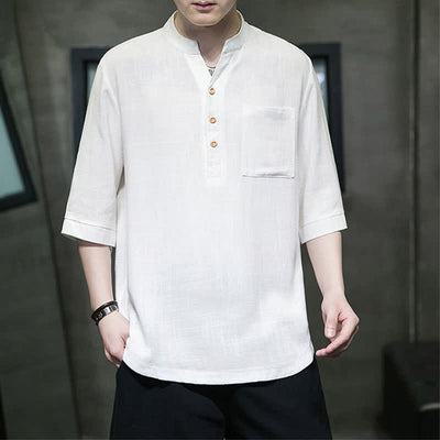 Buddha Stones Summer Casual Tang Style Mandarin Collar Solid Men's Short Sleeve Shirts With Patch Pocket - image 4